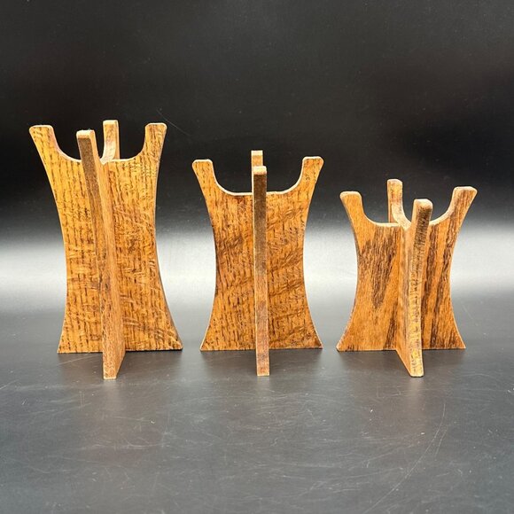 Vintage Mid Century Modern Wooden Candle Holder Display Stands Retro Set of 3 - Picture 2 of 12